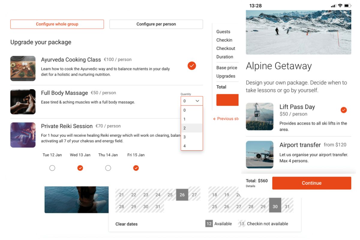A desktop and mobile view of what guests see when booking retreats via Boookinglayer.